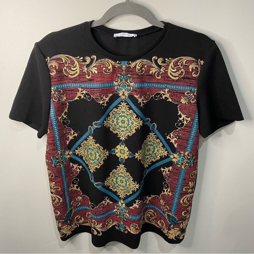 Women’s Zara Basic top gold, red and black embellished Top size L.